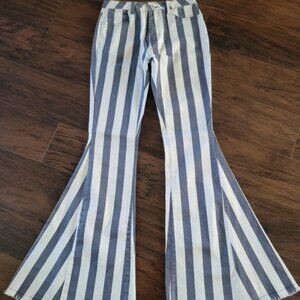 Stripe Flare Bell Bottom Jeans High Rise Tall Full Length Fringed